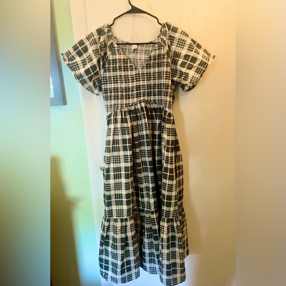 Kate Quinn Green and White Plaid Rosette Midi Dress